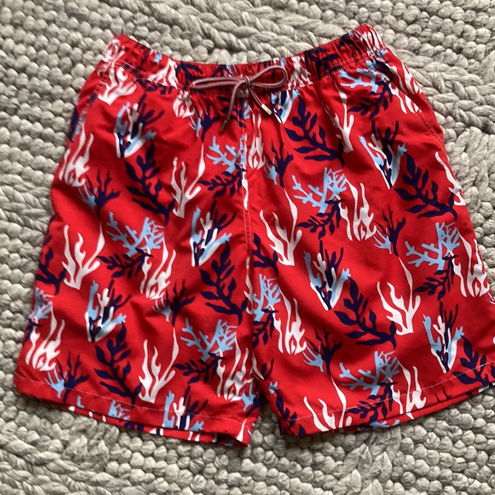 Peter Millar red white and blue, coral, print swim trunks